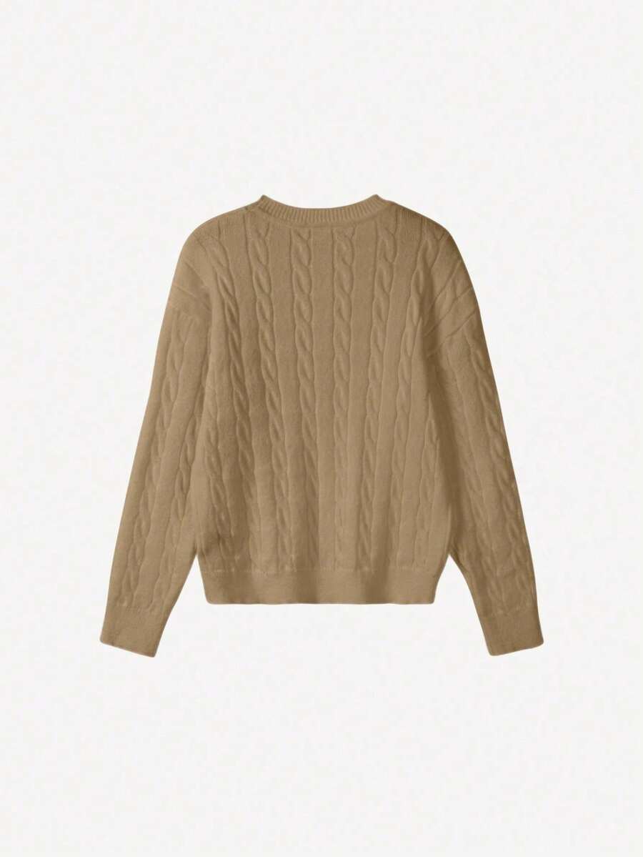 Marlowe Chunky Cable Knit Sweater Loose Crew Neck Pullover - Khaki