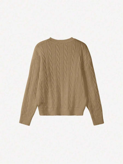 Marlowe Chunky Cable Knit Sweater Loose Crew Neck Pullover - Khaki