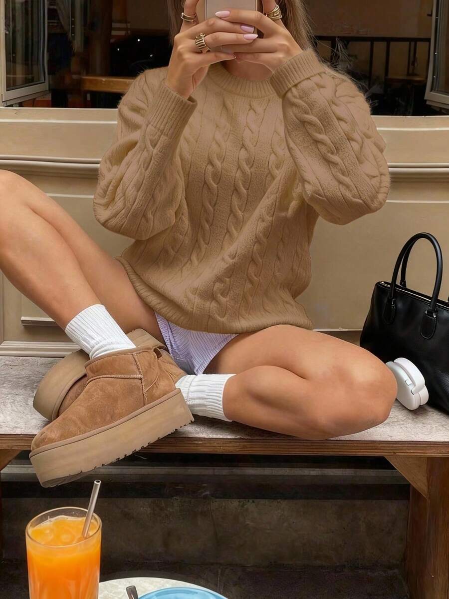 Marlowe Chunky Cable Knit Sweater Loose Crew Neck Pullover - Camel