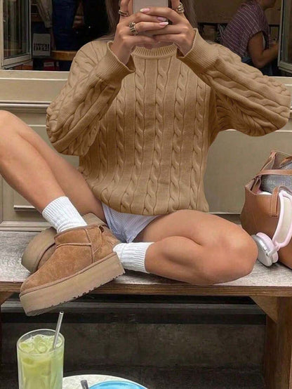 Marlowe Chunky Cable Knit Sweater Loose Crew Neck Pullover - Camel