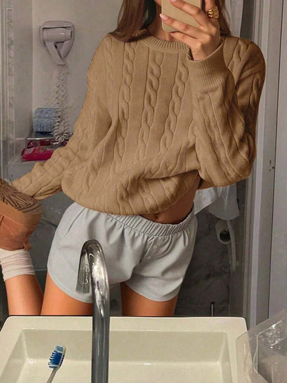 Marlowe Chunky Cable Knit Sweater Loose Crew Neck Pullover - Camel