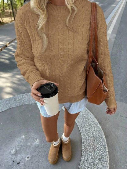 Marlowe Chunky Cable Knit Sweater Loose Crew Neck Pullover - Camel
