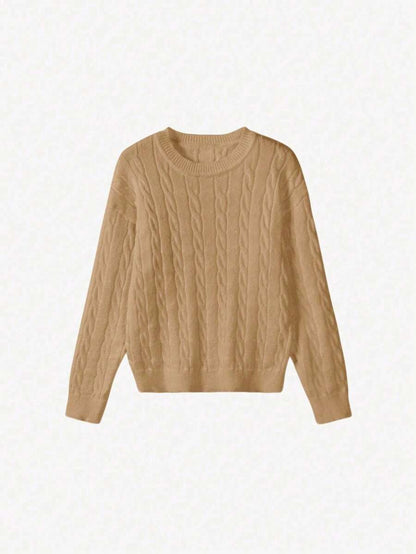 Marlowe Chunky Cable Knit Sweater Loose Crew Neck Pullover - Camel