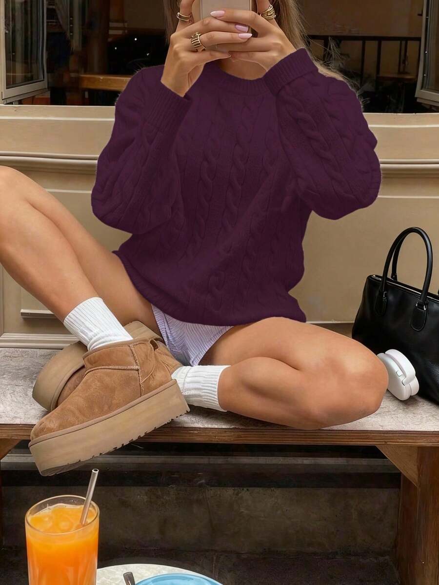Marlowe Chunky Cable Knit Sweater Loose Crew Neck Pullover - Plum