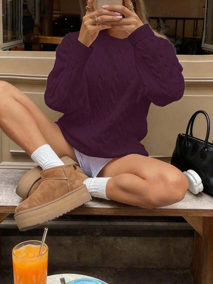Marlowe Chunky Cable Knit Sweater Loose Crew Neck Pullover - Plum