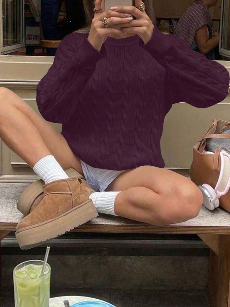 Marlowe Chunky Cable Knit Sweater Loose Crew Neck Pullover - Plum