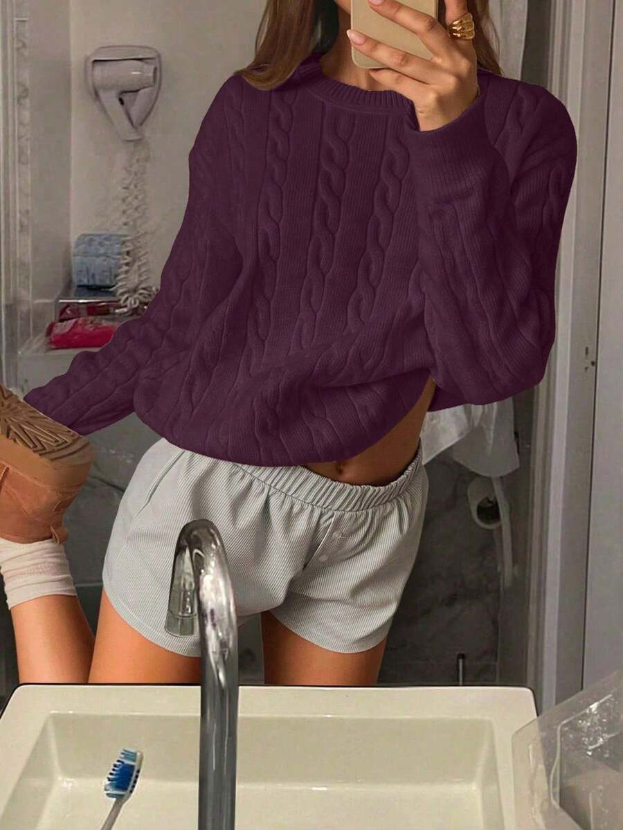 Marlowe Chunky Cable Knit Sweater Loose Crew Neck Pullover - Plum