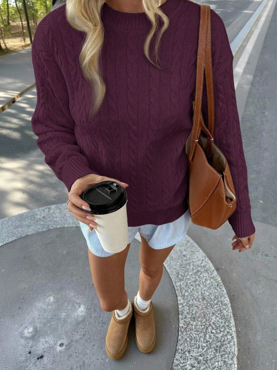 Marlowe Chunky Cable Knit Sweater Loose Crew Neck Pullover - Plum