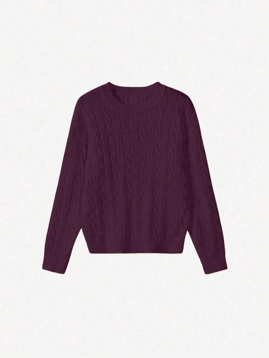 Marlowe Chunky Cable Knit Sweater Loose Crew Neck Pullover - Plum
