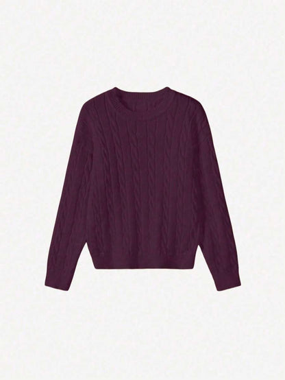 Marlowe Chunky Cable Knit Sweater Loose Crew Neck Pullover - Plum