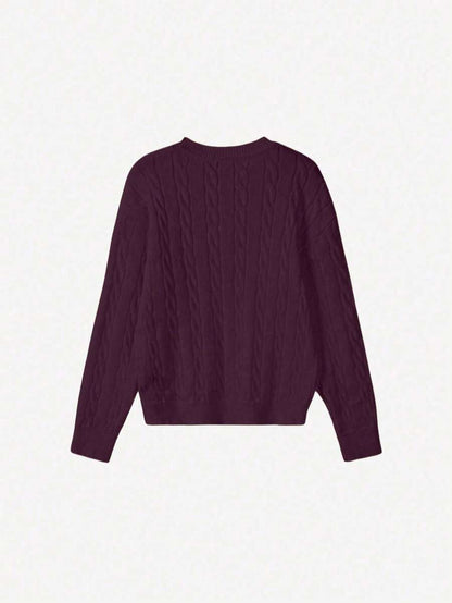 Marlowe Chunky Cable Knit Sweater Loose Crew Neck Pullover - Plum