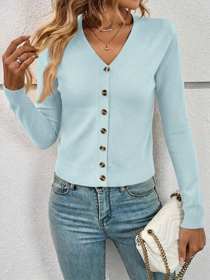 Georgiana Slim Ribbed V-Neck Button Front Knit Cardigan - Ice Blue