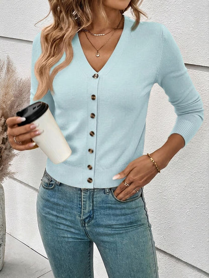 Georgiana Slim Ribbed V-Neck Button Front Knit Cardigan - Ice Blue