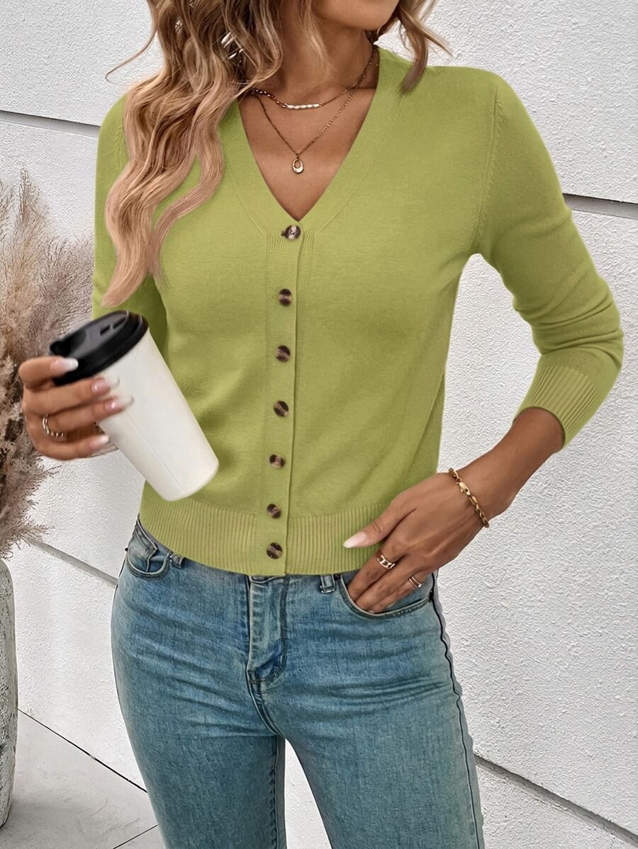 Georgiana Slim Ribbed V-Neck Button Front Knit Cardigan - Lime Green