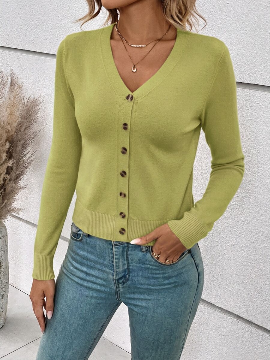 Georgiana Slim Ribbed V-Neck Button Front Knit Cardigan - Lime Green
