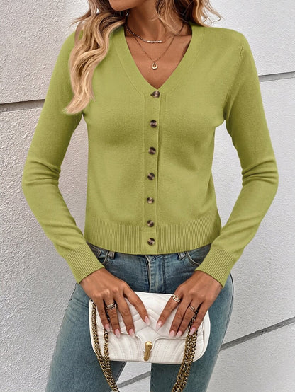 Georgiana Slim Ribbed V-Neck Button Front Knit Cardigan - Lime Green