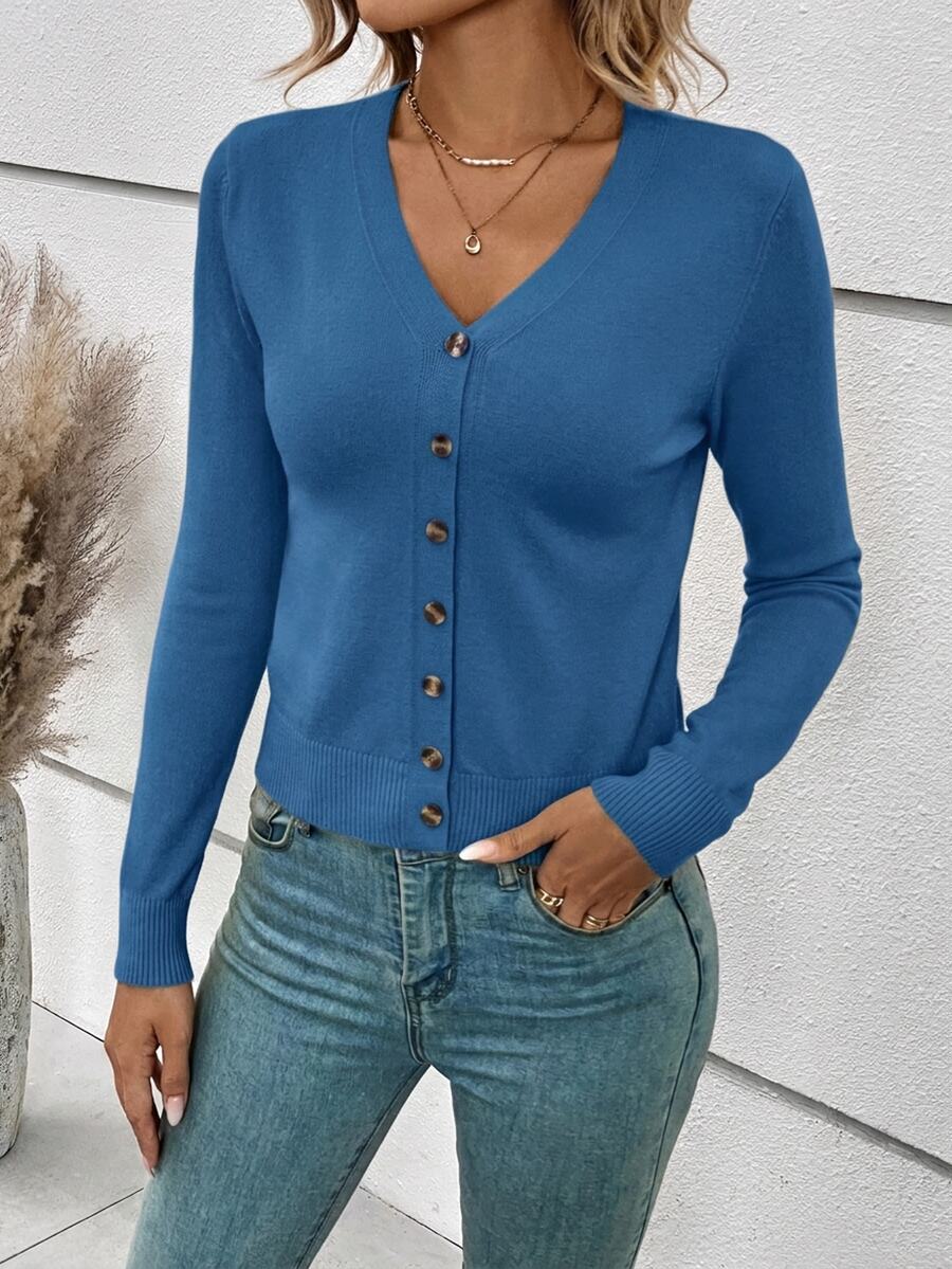Georgiana Slim Ribbed V-Neck Button Front Knit Cardigan - Denim Blue