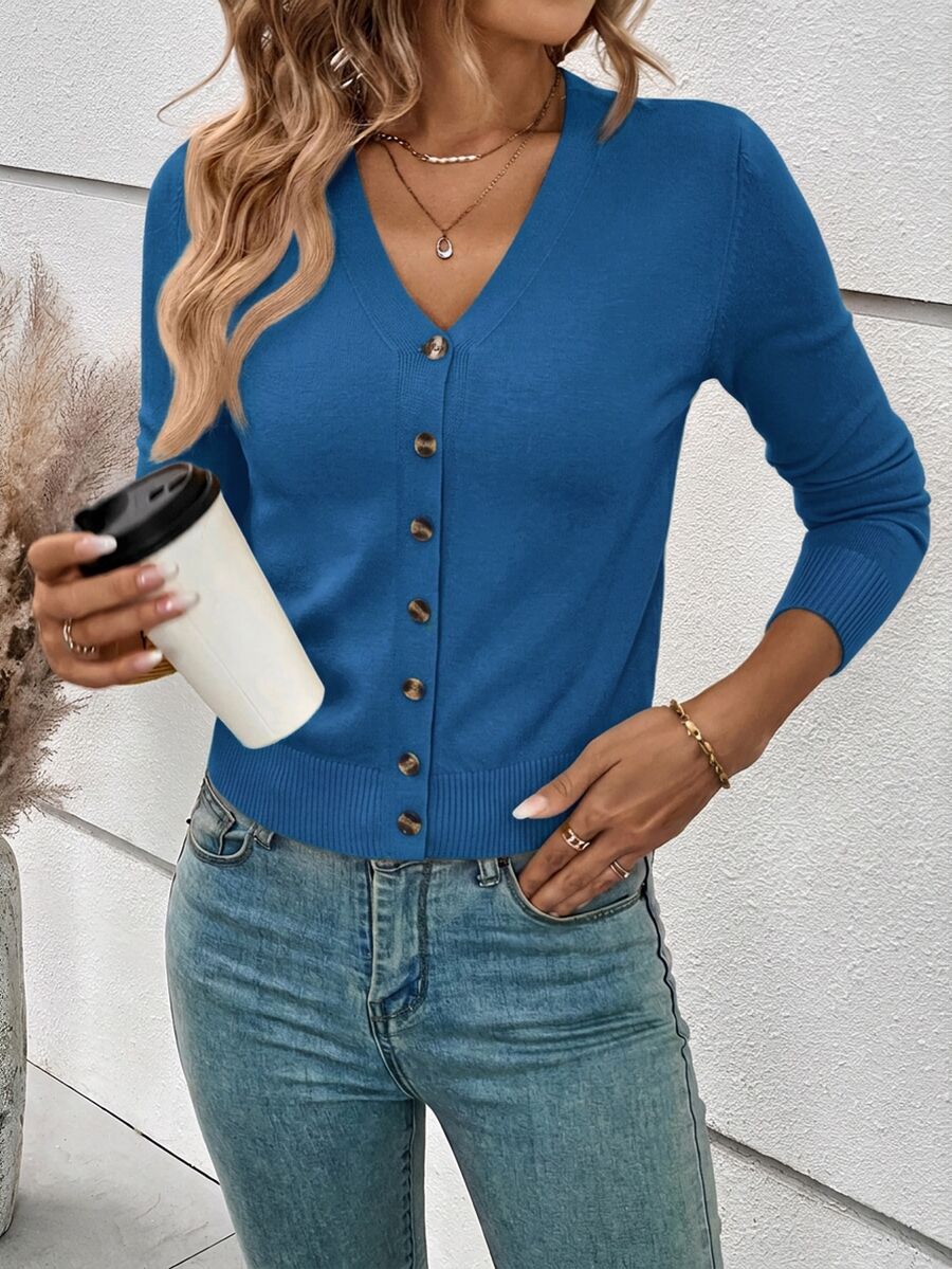 Georgiana Slim Ribbed V-Neck Button Front Knit Cardigan - Denim Blue