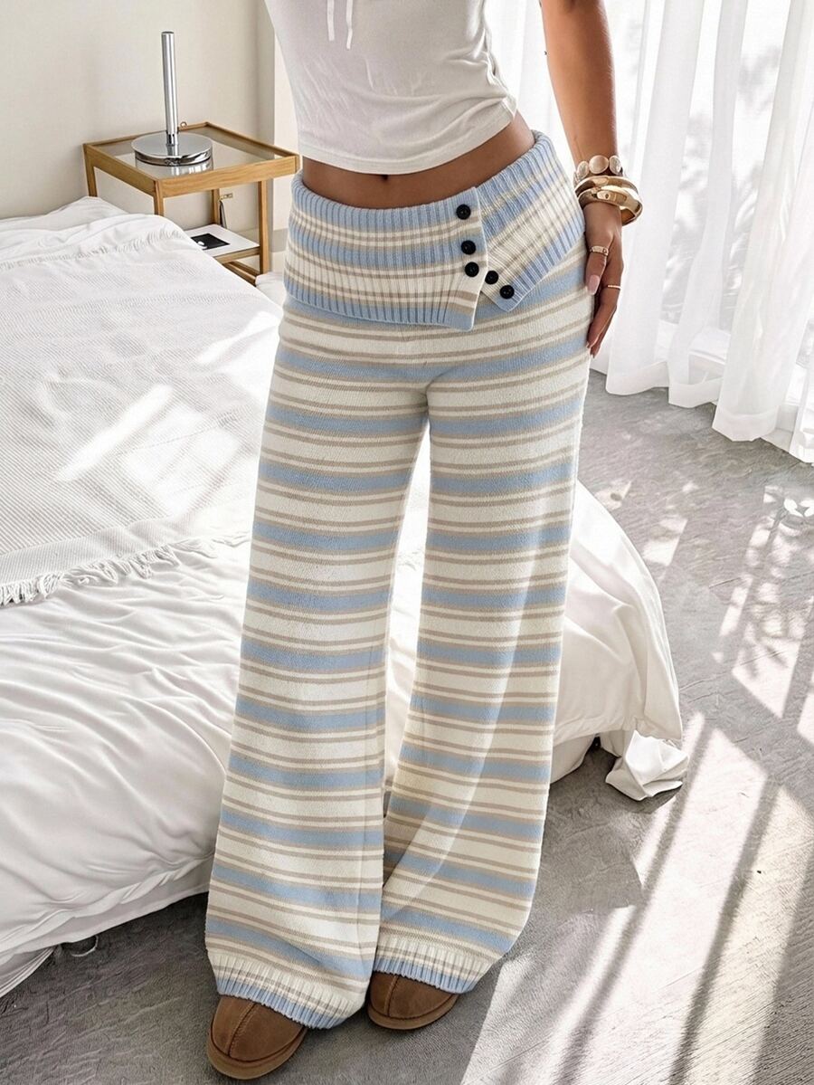 Rosalba Ribbed Knit Fold-Over Waist Flare Pants - Navy Blue
