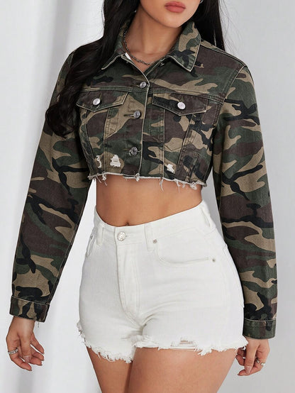 Bridget Frayed Hem Crop Washed Denim Jacket - Medium Wash