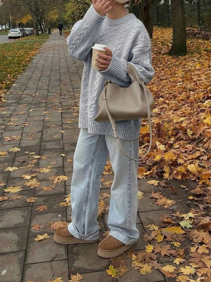 Solenne Oversized Chunky Cable Knit Sweater with Drop Shoulders - Light Grey