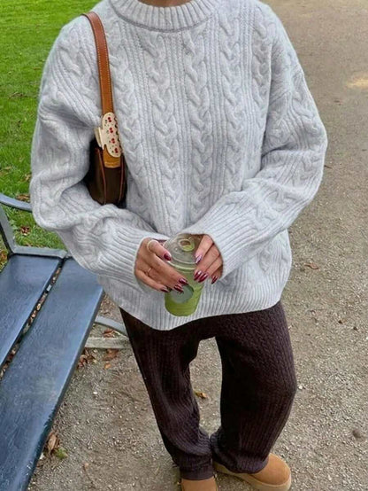 Solenne Oversized Chunky Cable Knit Sweater with Drop Shoulders - Light Grey