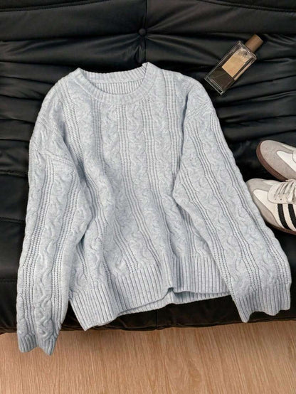 Solenne Oversized Chunky Cable Knit Sweater with Drop Shoulders - Light Grey