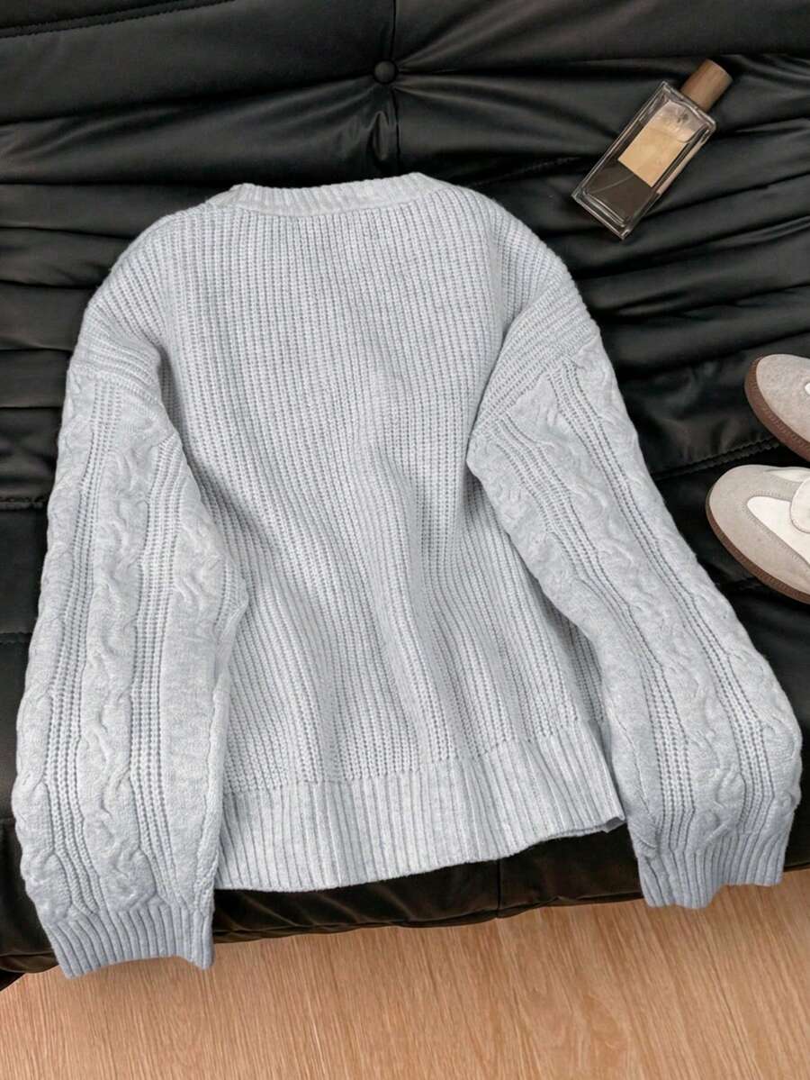 Solenne Oversized Chunky Cable Knit Sweater with Drop Shoulders - Light Grey