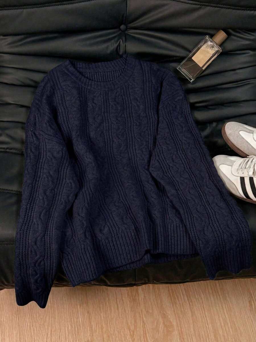 Solenne Oversized Chunky Cable Knit Sweater with Drop Shoulders - Navy