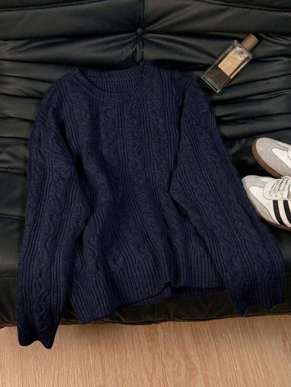Solenne Oversized Chunky Cable Knit Sweater with Drop Shoulders - Navy