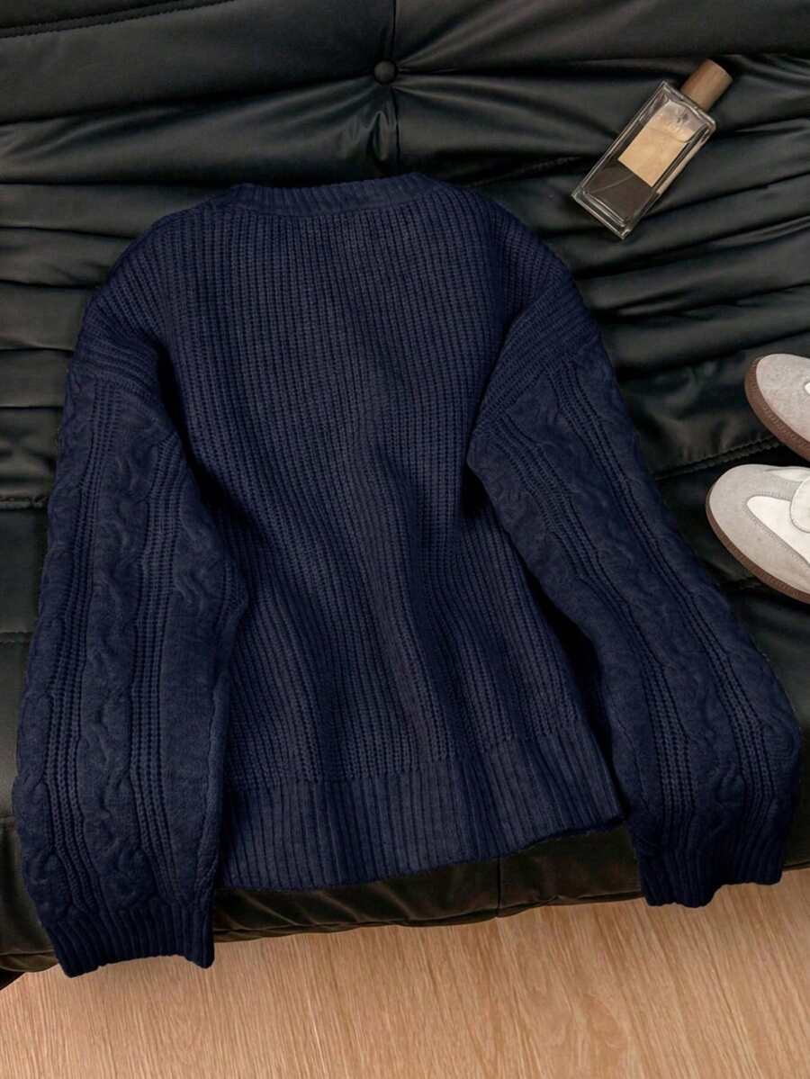 Solenne Oversized Chunky Cable Knit Sweater with Drop Shoulders - Navy
