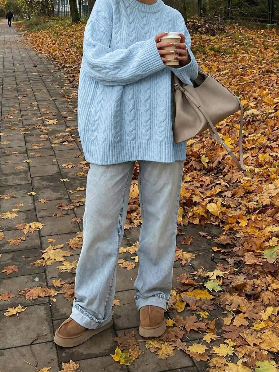 Solenne Oversized Chunky Cable Knit Sweater with Drop Shoulders - Baby Blue