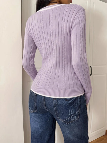 Saskia Slim V Neck Twist Cable Knit Sweater with Contrast Trim - Lilac