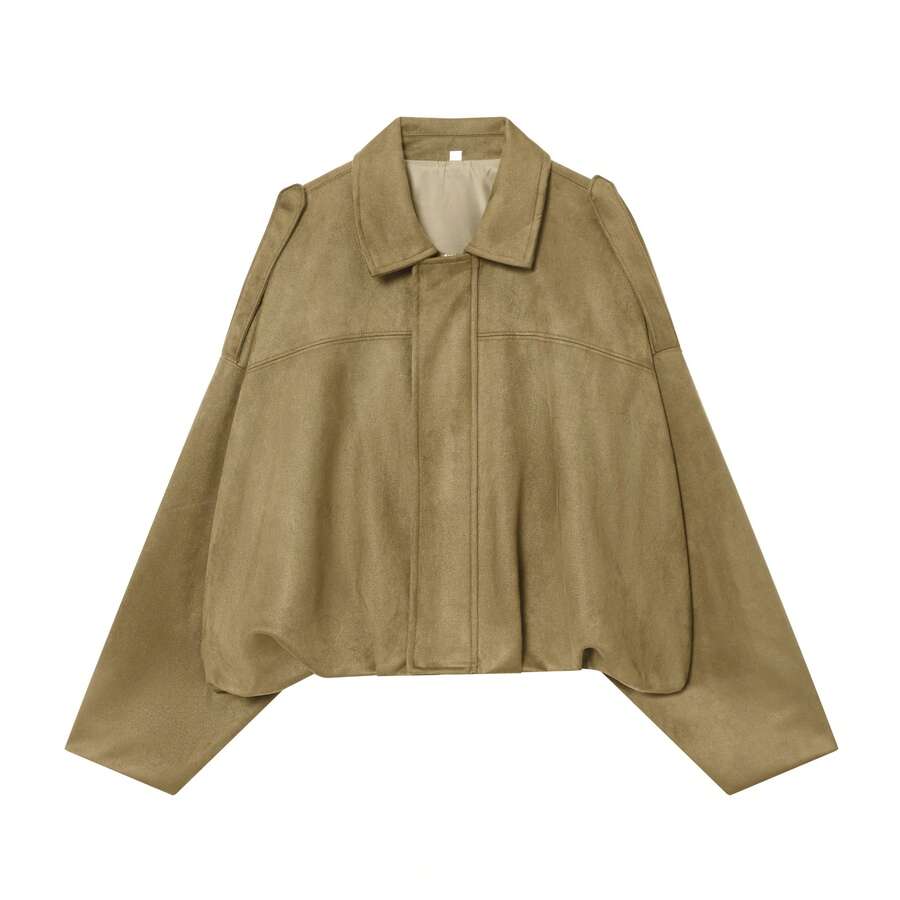 Sabrina Faux Suede Oversized Cropped Collared Jacket - Khaki