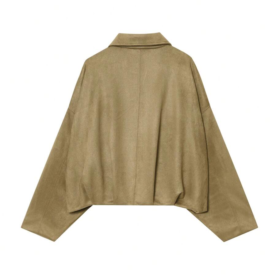 Sabrina Faux Suede Oversized Cropped Collared Jacket - Khaki