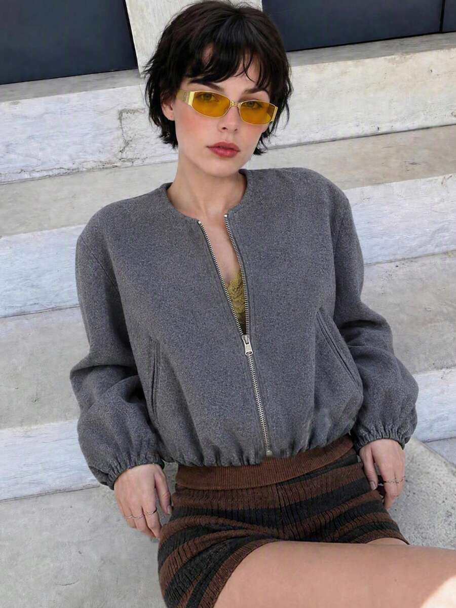 Lillehammer Wool Look Zip Up Cropped Bomber Jacket
