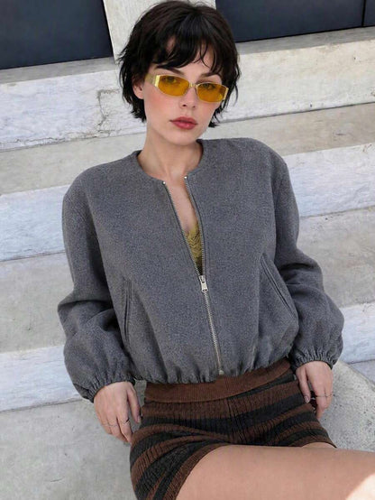 Lillehammer Wool Look Zip Up Cropped Bomber Jacket