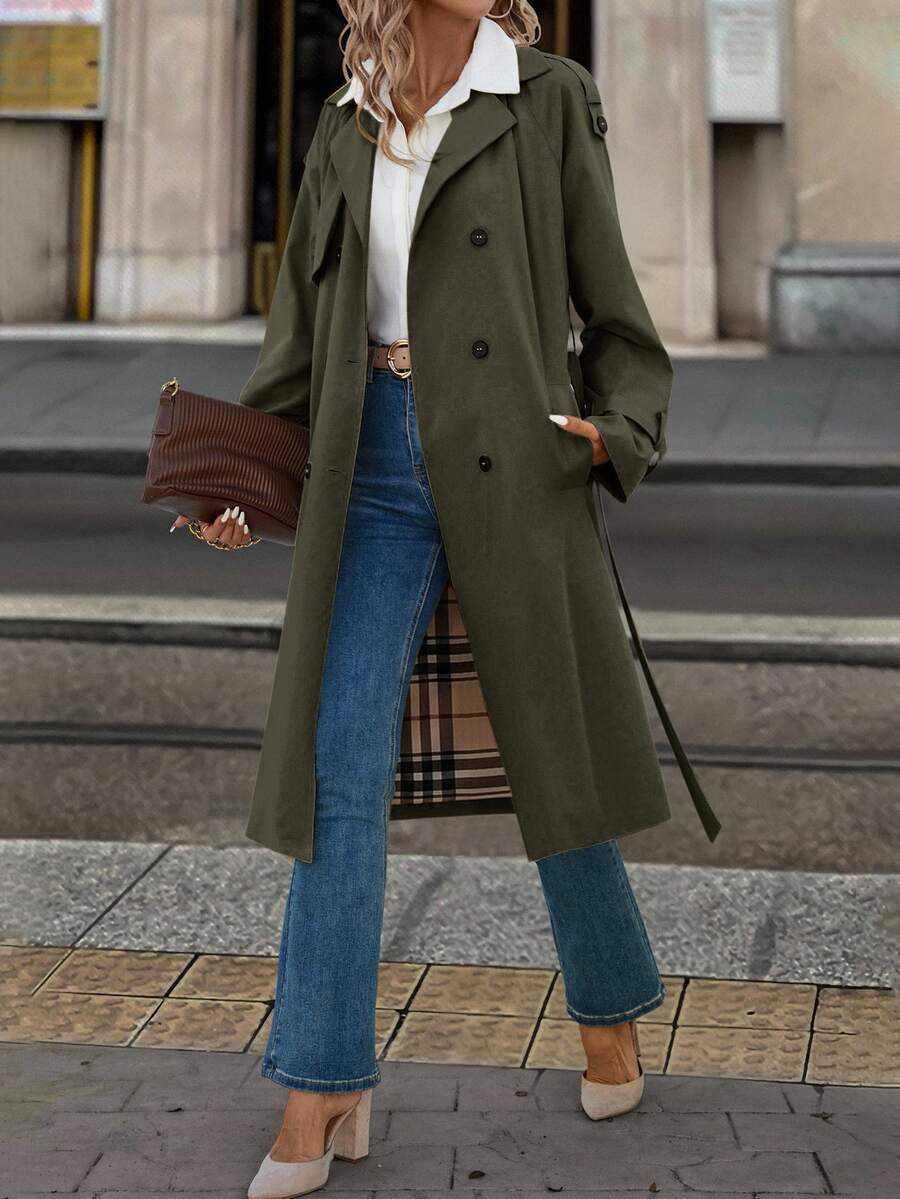 Fleur Long Double Breasted Trench Coat with Raglan Sleeves - Olive