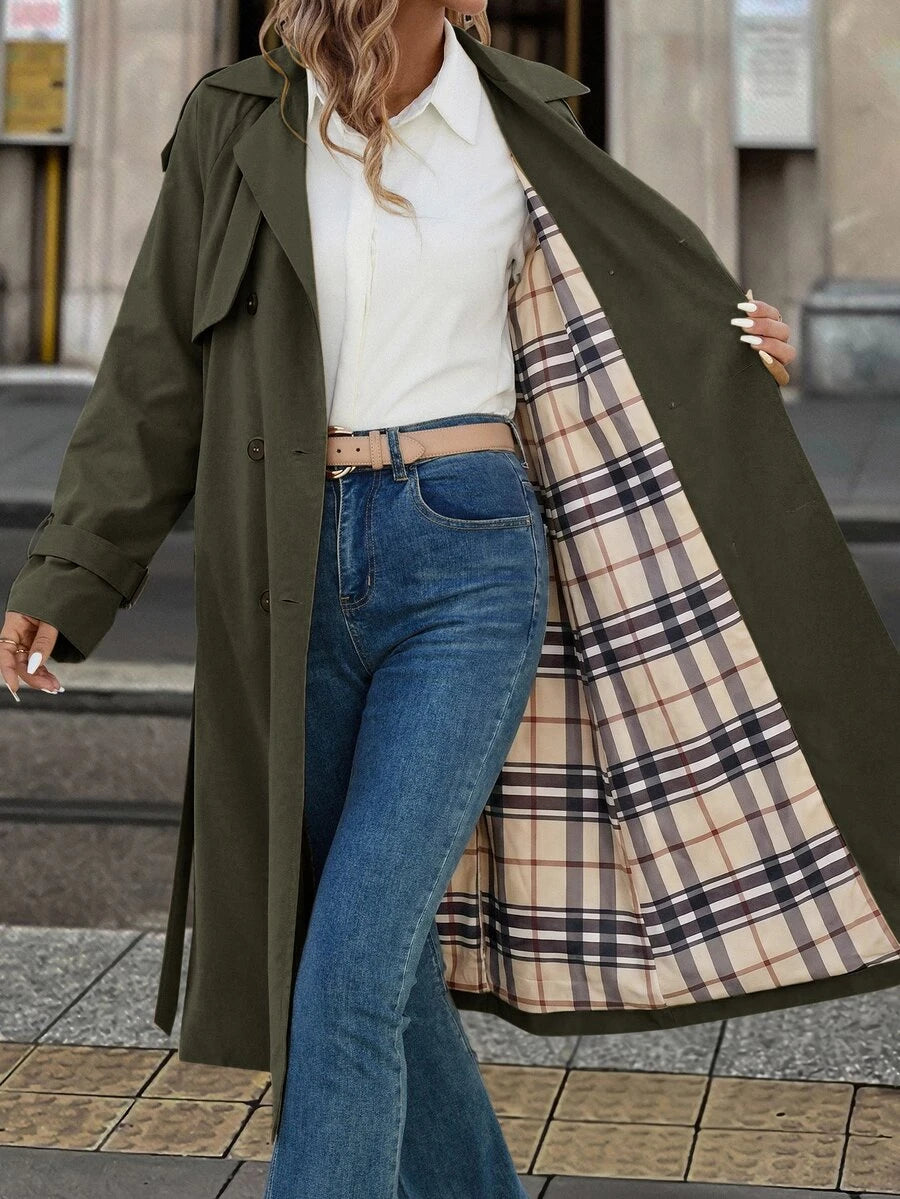 Fleur Long Double Breasted Trench Coat with Raglan Sleeves - Olive