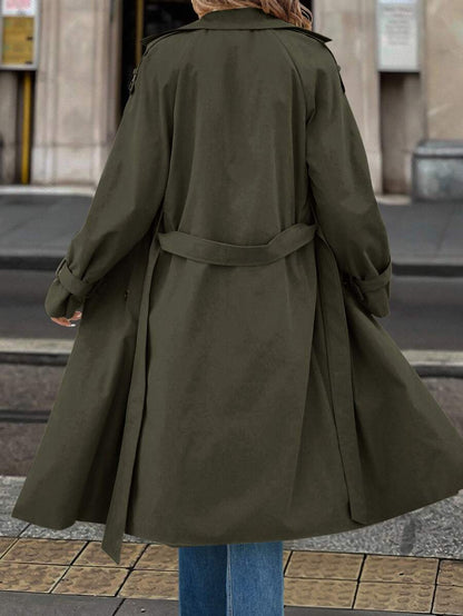 Fleur Long Double Breasted Trench Coat with Raglan Sleeves - Olive