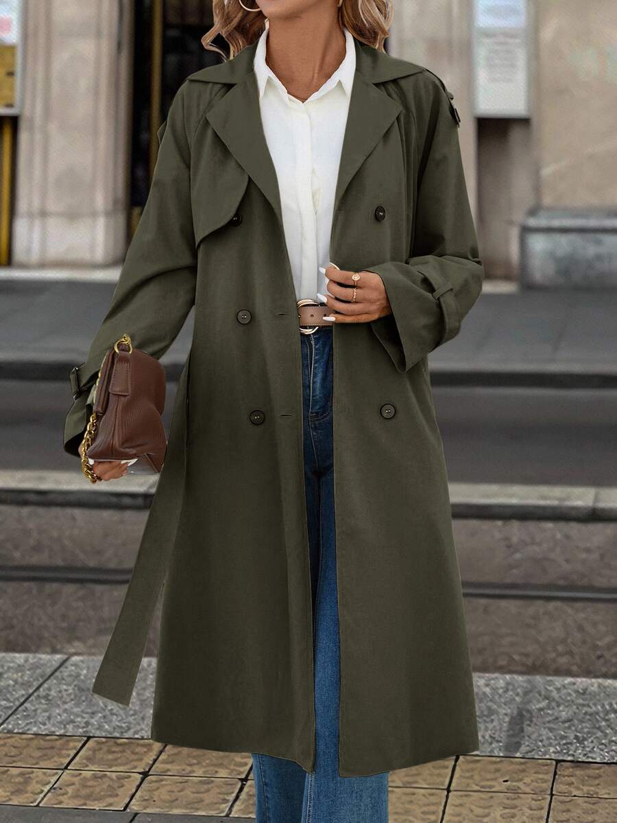 Fleur Long Double Breasted Trench Coat with Raglan Sleeves - Olive