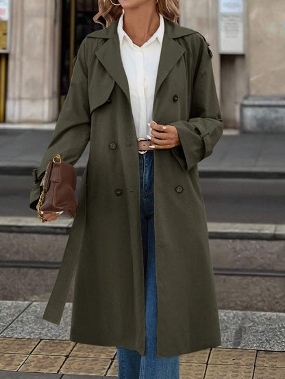 Fleur Long Double Breasted Trench Coat with Raglan Sleeves - Olive