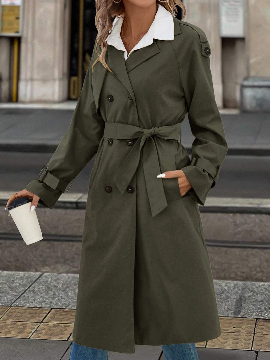 Fleur Long Double Breasted Trench Coat with Raglan Sleeves - Olive