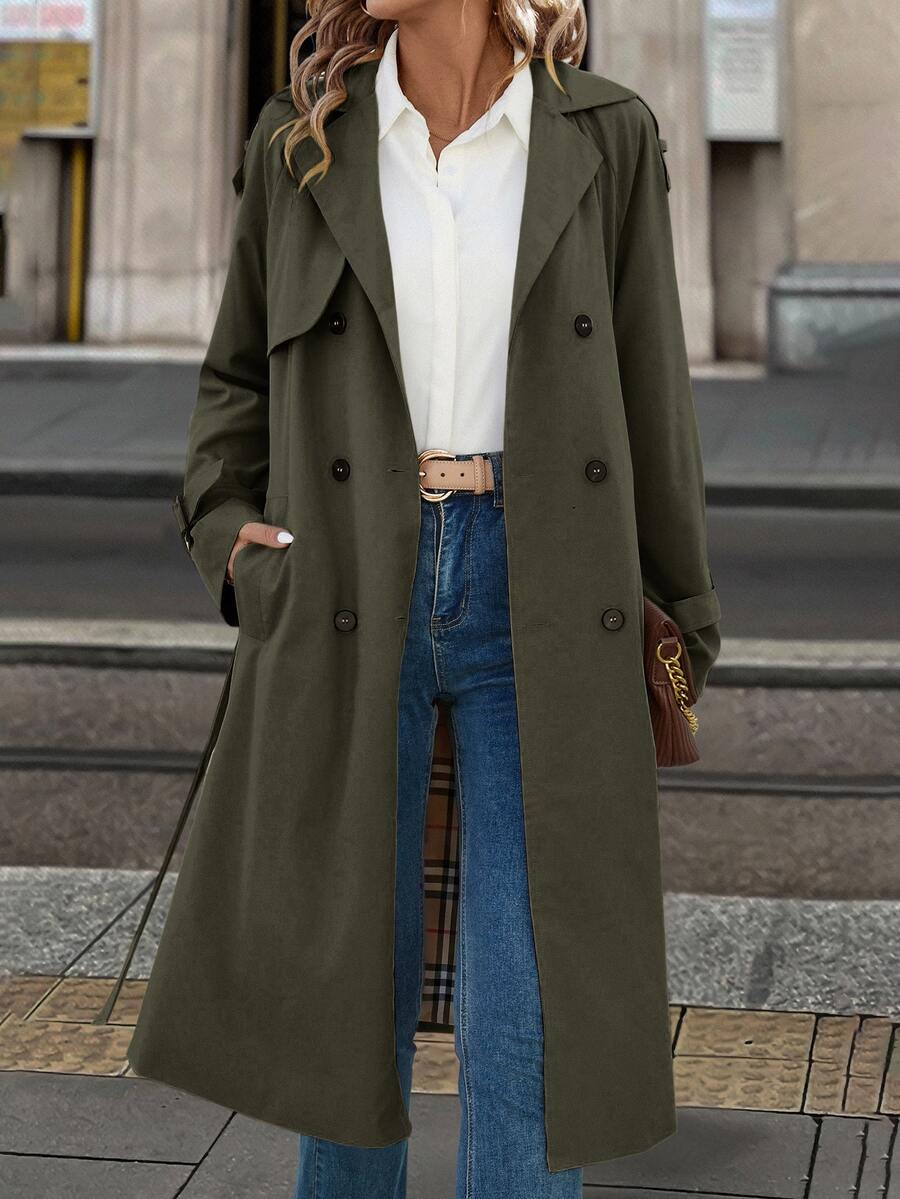 Fleur Long Double Breasted Trench Coat with Raglan Sleeves - Olive