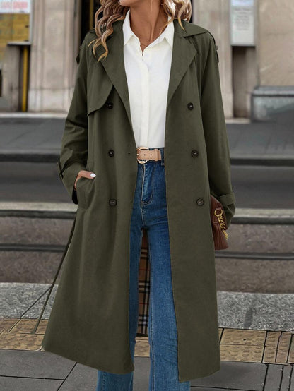Fleur Long Double Breasted Trench Coat with Raglan Sleeves - Olive