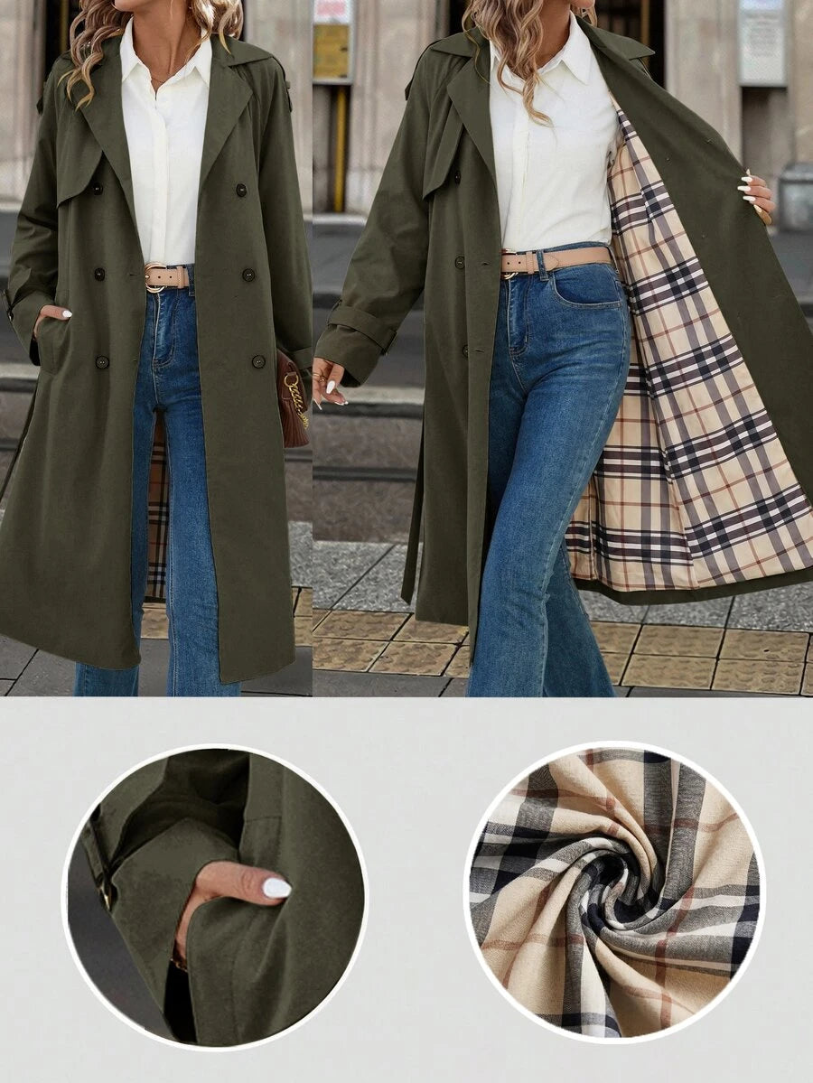 Fleur Long Double Breasted Trench Coat with Raglan Sleeves - Olive