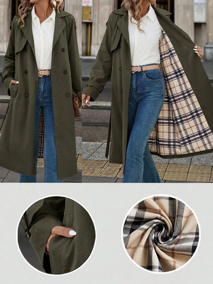 Fleur Long Double Breasted Trench Coat with Raglan Sleeves - Olive