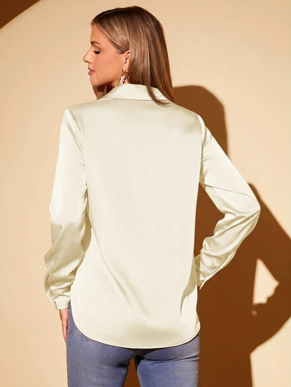 Women's Satin Collared Long Sleeve Shirt, Lapel Silky Blouse for Work and Evening - Pink
