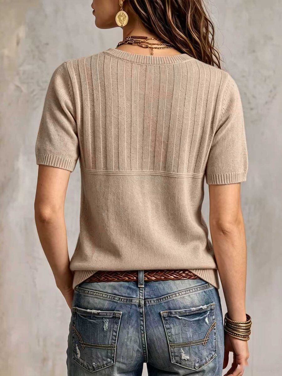 Marielle Textured Knit Half-Button Short Sleeve Sweater Top - Khaki