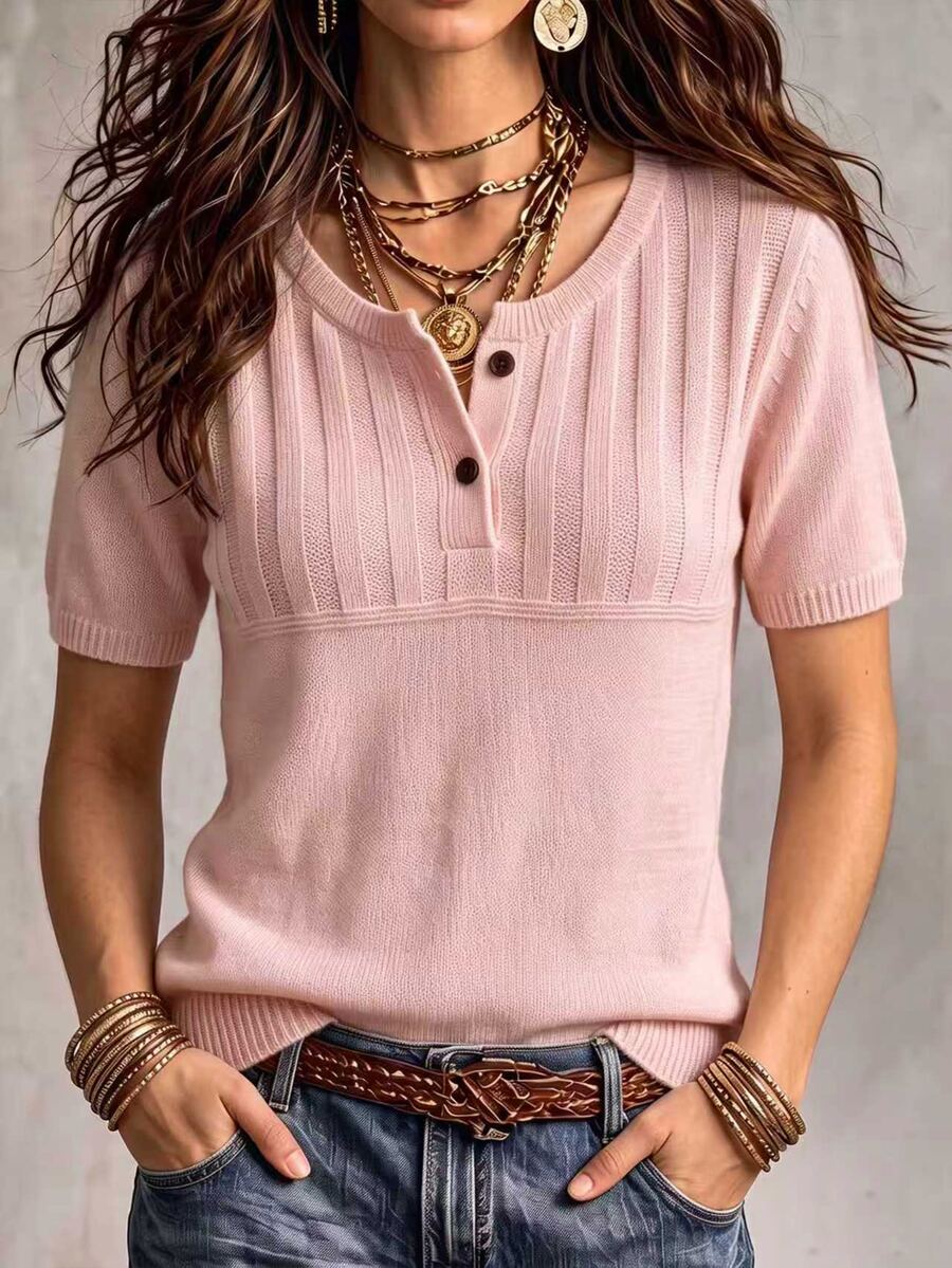 Marielle Textured Knit Half-Button Short Sleeve Sweater Top - Pink